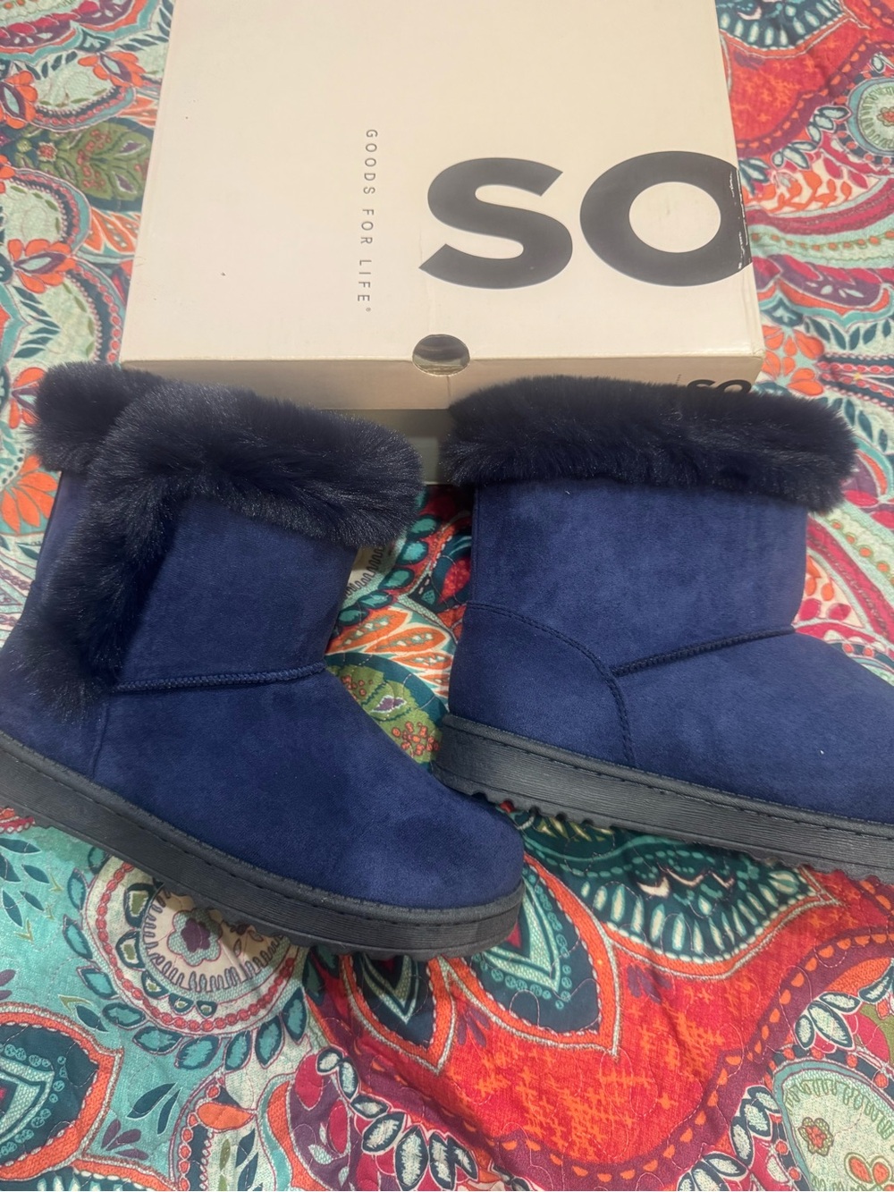SO Navy Faux Fur Cuff Winter Ankle Boots